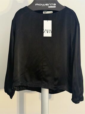 Zara Black Satin Long-Sleeve Blouse